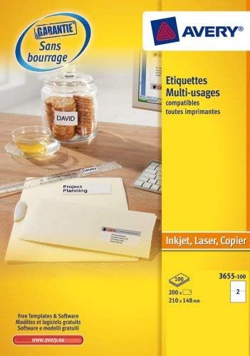AVERY 3655-100 200 Adhesive Labels White Multi-Purpose 210 x 148 mm. Laser, Inkjet Printing, 210x148