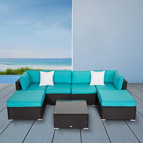 Peach Tree 7 PCs Outdoor Patio PE Rattan Wicker Sectional Sofa Furniture Set with 2 Pillows and Tea Table
