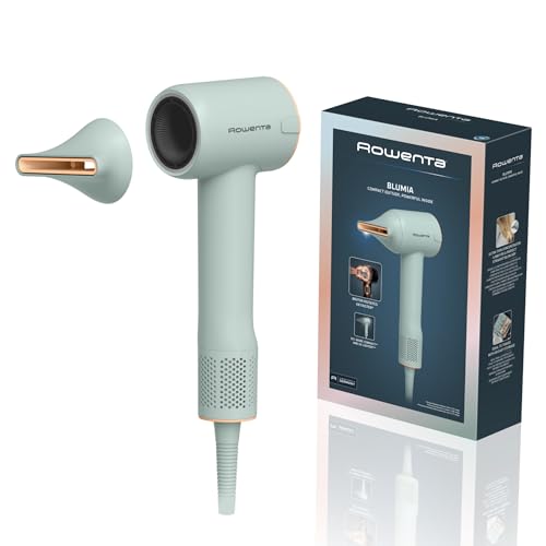 Rowenta Blumia Secador de Pelo Compacto y Ligero 350g, Motor Digital, Secado Rápido, Generador Iones, Control Inteligente 40°C, 3 temperaturas, 2 velocidades, Boquilla Magnética, Verde, HY5N12E0