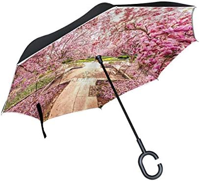 Reverse Umbrella Enjoy Cherry Blossoms In Japan Windproof Double Layer Inverted Umbrella Anti-UV Protection with C-Shaped Handle for Car Outdoor Use