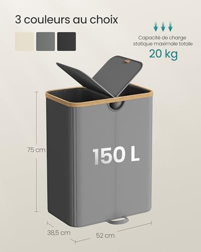 Panier à Linge à 2 Compartiments, 150 Litres, Trieur de Linge Sale avec Couvercle, Sacs Amovibles, pour Buanderie, Chambre, Salon, Gris Ardoise et Beige Naturel LCB523G01