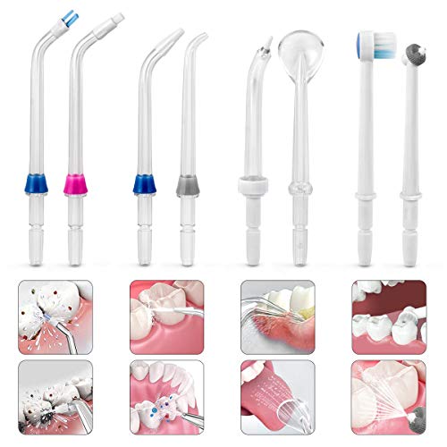 Water Flosser Tips (8 pcs Combo Kit) Includes Classic Tip, Pocket Tip, Tongue Cleaner, Orthodontic Tip, High Pressure Tip, Mist Tip, Brush Tip