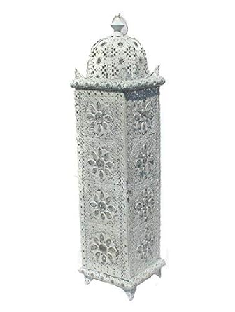Large Moroccan Floor Lamp 90cm X 21cm Stylish Cutwork Jeweled Floor Light With Clear Acrylic Beads And Intricate White Cutwork Metal Takes E14
