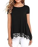 QIXING Women's Tops Short Sleeve Lace Trim O-Neck A