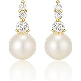 Fwlisesa Pearl Earrings for Women, 14k Gold Plated CZ Formal Pearl Stud Earring Hypoallergenic Gold Earrings for Women Trendy Dainty Bridal Pearls Drop Earrings Fashion Wedding Jewelry