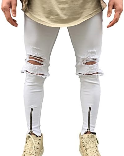 LIYT Men's Ripped Destroyed Slim Fit Zippers Skinny Jeans Pants