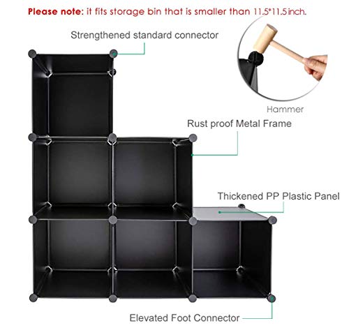 GuanJun Storage Organizer 6 Cubes,Modular Shelves, DIY Plastic Closet Cabinet,Storage Shelves for Bedroom, Living Room, Office, Black with Rubber Hammer (Black, 6 Cube)