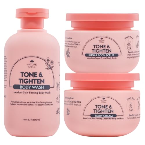 Nature Spell Tone & Tighten Body Care Gift Set for Women, Body Wash, Sugar Scrub and Cream with Hyaluronic Acid, Ginseng Extract and Plant Collagen, for All Skin Types, Vegan, Set of 3