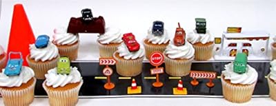 CARS Radiator Springs City Scape 20 Piece Birthday CUPCAkE Topper Set Featuring 12 Random Cars Figures and Radiator Springs Decorative Themed Accessories, Cars Average 1/2" Inch Tall