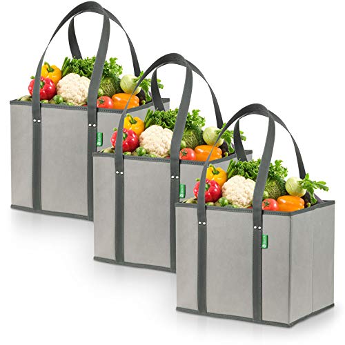 Reusable Grocery Shopping Box Bags (3 Pack Gray) with Extra Long