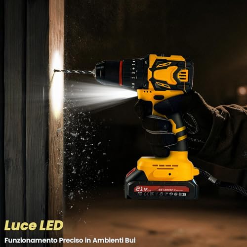 Brushless Drill Driver Battery, 21 V Percussion Drill, 70 Nm Max with 2 Batteries 2.0 Ah, 25 + 3 Pairs, 2 Speeds, LED Light, Electric Screwdriver for Screwing and Drilling Wood, Plastic and Metal