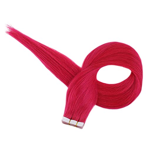 RUNATURE 20inch Hair Extensions Tape-ins 10pcs 25g Tape on Human Hair Hot Pink Color Fashion Girls Seamless Hair Extensions for Party