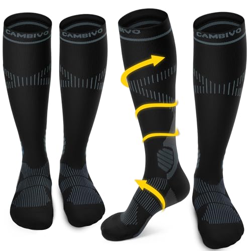 CAMBIVO Compression Socks Women Men 2 Pairs, Compression Socks 15-20 mmHg, Varicose Veins Compression Stockings, High Socks, for Sport, Running, Airplane, Cycling, Hiking, Nurse