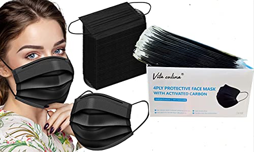 Black Disposable Face Mask individually wrapped Black Masks Medical Mask Black Color 4ply Face Mask with Activated Carbon Disposable 4-layered Disposable Face Masks Masks for Women, Men and Kids (Black individually)