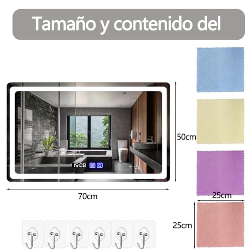 Espejo de Baño LED,Espejo Inteligente con Hora y Botones táctiles,Espejos para Baño con Ajustable en 3 Temperaturas de Color,Función de Memoria y Desempañado HD.Allaceryvva (Square 50x70cm)