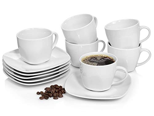 SÃNGER | 12-teiliges Kaffeetassen Set Bilgola aus Porzellan, Kaffee Geschirrset für 6 Personen, Tassen & Untersetzer, Eckiges Design 150 ml | PREMIUM COLLECTION