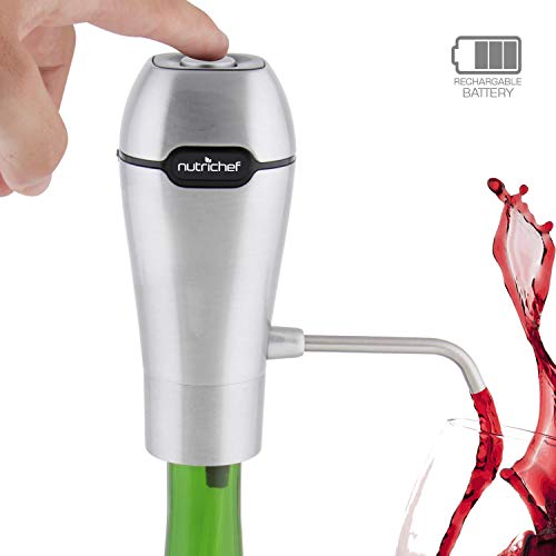 Stainless Steel Electric Wine Aerator - Pocket and Travel Bottle Tap Aerating Dispenser Pump Set w/ Rechargeable Battery, Accessories - Air Decanter Diffuser for Red, White Wine - NutriChef