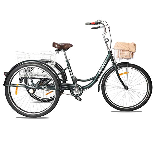HIRAM 3-Wheeled Adult Tricycle with Foldable Basket, 24" Wheels Trike for Men and Women, Single Speed Cruise Bike, Exercise Bike for Recreation and Shopping, Water-Proof Bag and Bicycle Bell - Thumbnail 6