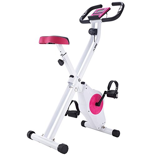 Xspec Foldable Stationary Upright Exercise Bike Magnetic Cardio Workout Indoor Cycling, Pink/White, Monitor with Phone/Tablet Holder, Heart Rate Pulse Sensor