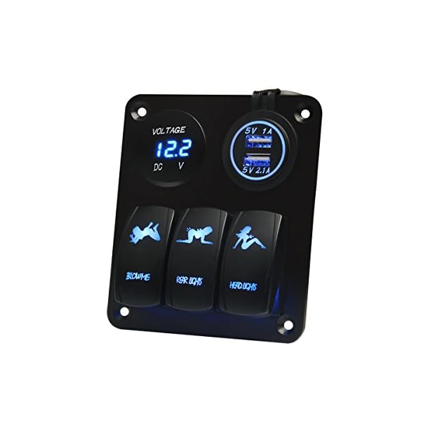 TEQStone-MarineBoat-Car-Switch-Panel-3-Gang-with-1-Charger-With-2-USB-Slot-and-a-Voltage-Monitor-Blue-LED-Light-5pin-Onoff-Rocker-Switch