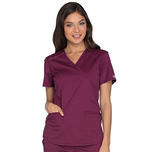 Cherokee Workwear Core Stretch Women's Mock Wrap Solid Scrub Top Large Wine