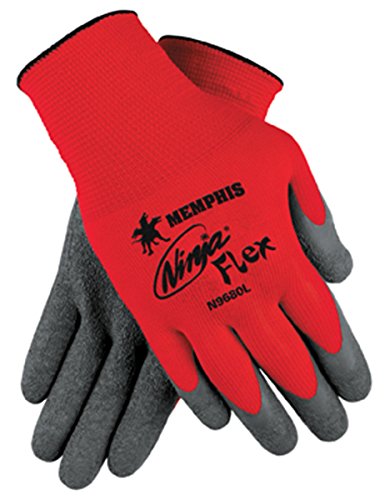 Memphis Glove N9680S Ninja Flex Nylon Shell Gloves with Latex Dip Palm and Fingertips, Gray/Red, Small, 1-Pair