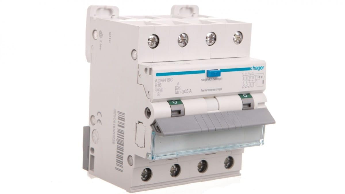 Residual Current Circuit Breaker 4P B 16A 0.03A Type A 6kA RCBO ADM416C hager polo 3250611020226