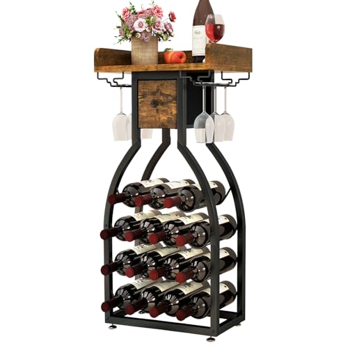 IBUYKE 15 Bottle Freestanding Wine Rack with Glass Holder and Storage Drawer, Mini Shelving Unit for Kitchen, Bar and Dining Room, Rustic Brown TMJ908H