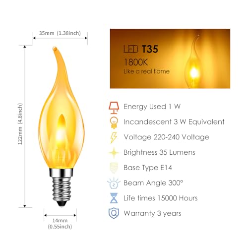 LVWIT LED Flame Light Bulb, Retro Flickering Flame E14 Bulb, Warm Light 1800K, Orange Filament Bulb 35 Lumens, Ideal for Daily Christmas and Party Decoration (6U, 2 Modes)