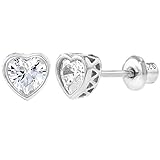 925 Sterling Silver Clear CZ Small Heart Screw Back Earrings Baby Girl Kids