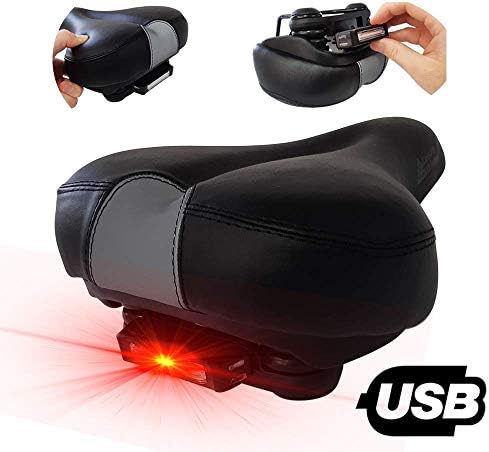 Softer Than Racer Bike Seat for Seniors, Men & Women - Extra Wide Shock Absorbing Memory Foam Bicycle Saddle - Rechargeable Red Taillight - Waterproof Black Leather
