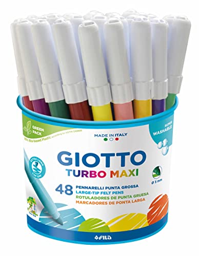 Giotto 25929 Feutre Coloriage Turbo Maxi Polyester Indéformable Résistante Ultra Longue Durée Pointe Bloquée Pot Lot De 48 Assorties