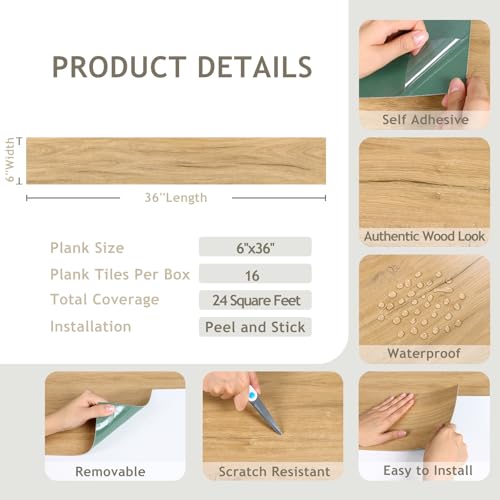 VEELIKE Vinyl Sheet Flooring Stick on Floor Tiles Waterproof Self Adhesive Cottage Oak Light Brown Wood Look Planks 16 Pack 24 Sq.Ft. 6x36 Inch for Kitchen Bathroom Bedroom Renters Home Decor