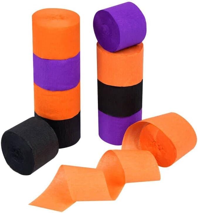 Belerry 10 Rolls Party Decorations Halloween Crepe Paper Streamers, 810-Feet Black Orange Purple Hanging Streamers, No Accidental Rips Crepe Paper for Indoor Outdoor Decor