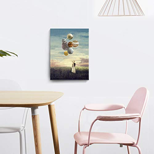 Inspirational Wall Art for Office Modern Motivational Canvas Print Girl Holding Planet Picture Creative Framed Artwork for Bedroom Living Room Decoration 12x16inch