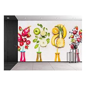 Bottles of Fruits Smoothies with Various Ingredients on White Wooden Background - Removable Wall Mural | Self-Adhesive Large Wallpaper - 66x96 inches