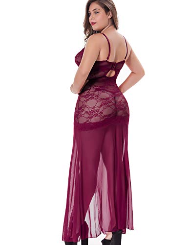 LINGERLOVE-Sexy-Dessous-Lang-Negligee-Groe-Gren-Spitze-Kleid-fr-Damen-Transparent-Nachtwsche-Langes-Dessouskleid-mit-G-String