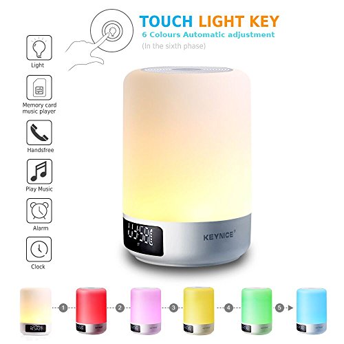 [Upgraded] Keynice All in One Touch Sensor Bedside Table Lamp with Portable Wireless Led Bluetooth Speaker Dimmable color change Light Alarm Clock Hands-free Military Time display - White