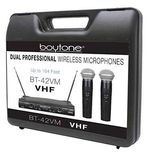 Boytone BT-42VM Dual Channel Wireless Microphone System - VHF Fixed Dual Frequency Wireless Mic Receiver, 2 Handheld Dynamic Transmitter Mics, for Karaoke, Dj, Church, Conference, with carrying cases