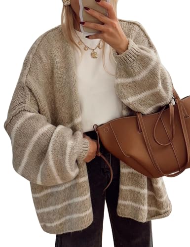 Striped Rib-Knit Drop Shoulder Open Front Cardigan