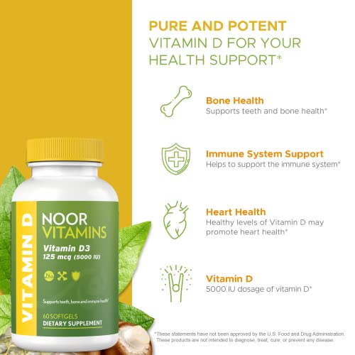 Noor Vitamins Halal Vitamin D, Halal Vitamin D3, 5000 IU Softgels
