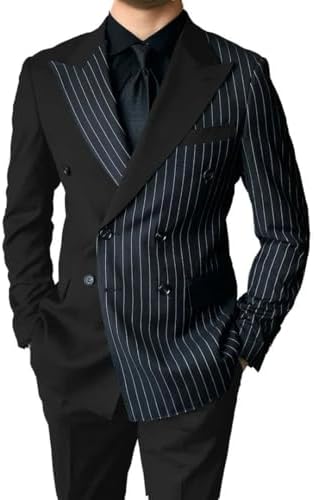 QZI Men's Slim Fit Suit Stripe Jacket Pants Double Breasted Two