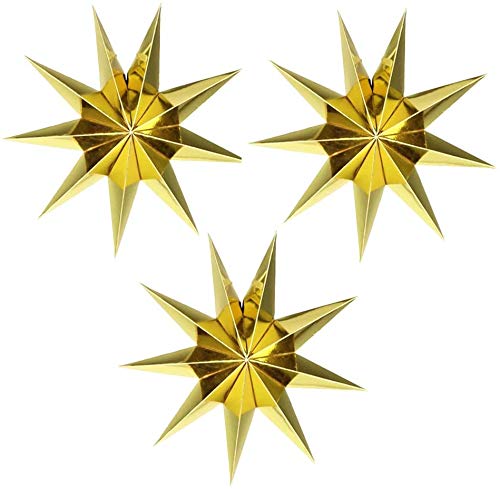 3 Pieces 9-Pointed White Paper Star Christmas Decorations Ceiling Tree Decorations Room Hanging Hanging Lampshade Christmas Holiday, Baby Shower,Weddings, Birthday Party Decorations (Gold)