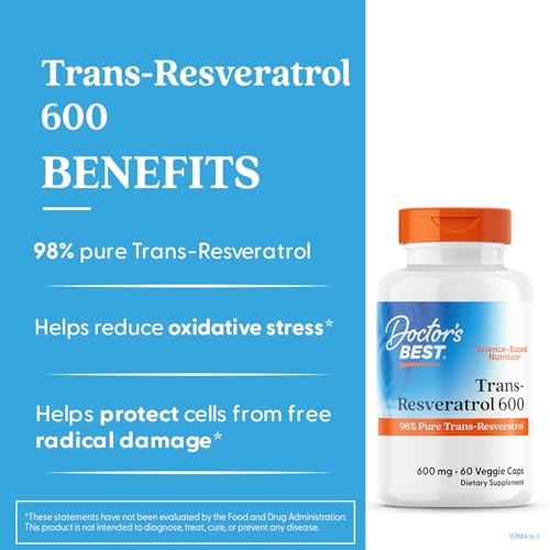 DOCTOR’S BEST TRANS- RESVERATROL 600, 98% PURE TRANS-RESVERATRO, NON-GMO, GLUTEN FREE, SOY FREE, VEGAN 60 VEGGIE CAPS