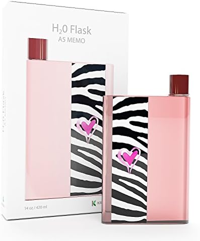 Krierah - H2O Flask A5 memo, Reusable Flat Plastic Water Bottle, Pink With Zebra Heart Print. E Flask - Slim Stylish &amp; Cute. Just Like a Book.