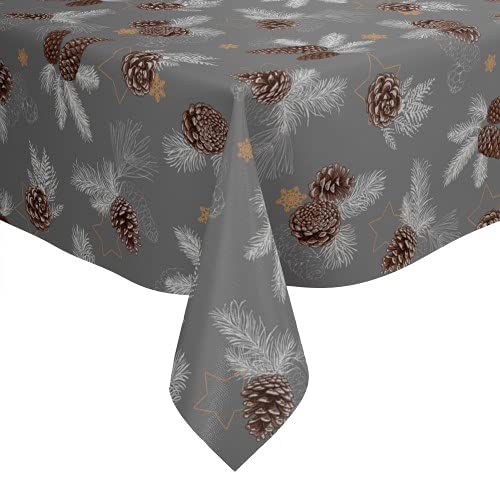 Karina Home Christmas Pine Cones Brown and Grey PVC Vinyl Wipe Clean Oilcloth Tablecloth (Brown & Grey, 250cm x 140cm)