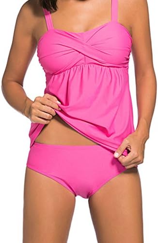 YFFaye Women's Summer Beach Halter Solid Deep Pink 2pcs Swing Tankini Swimsuit
