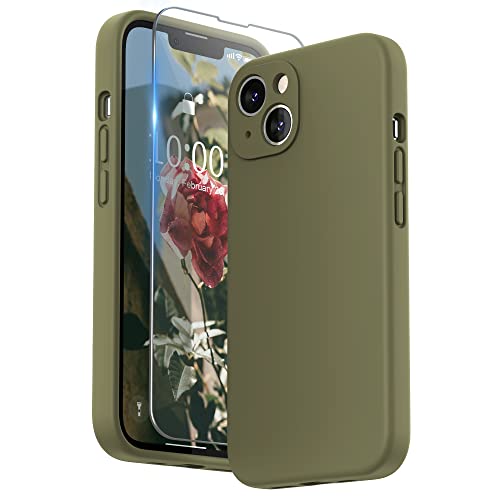 SURPHY Compatible with iPhone 13 Case with Screen Protector, (Camera Protection & Soft Microfiber Lining) Liquid Silicone Phone Case 6.1 inch 2021, Khaki Green