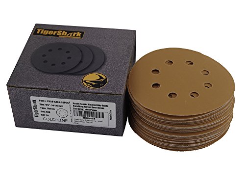 Tigershark 5 Inch Sanding Discs 8 Hole Grit 400 50pcs Pack Special Anti Clog Coating Paper Gold Line Hook and Loop Velcro Dustless Random Orbital Sander Paper Very Fine