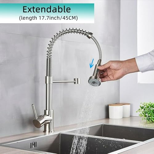 YUUTY Mezcladora para Fregadero, Llaves para Fregadero con rociador desplegable, Níquel Cepillado de Acero Inoxidable Grifo de Cocina, 1 o 3 Agujeros Monomando Para Fregadero para Granja Lavandería RV